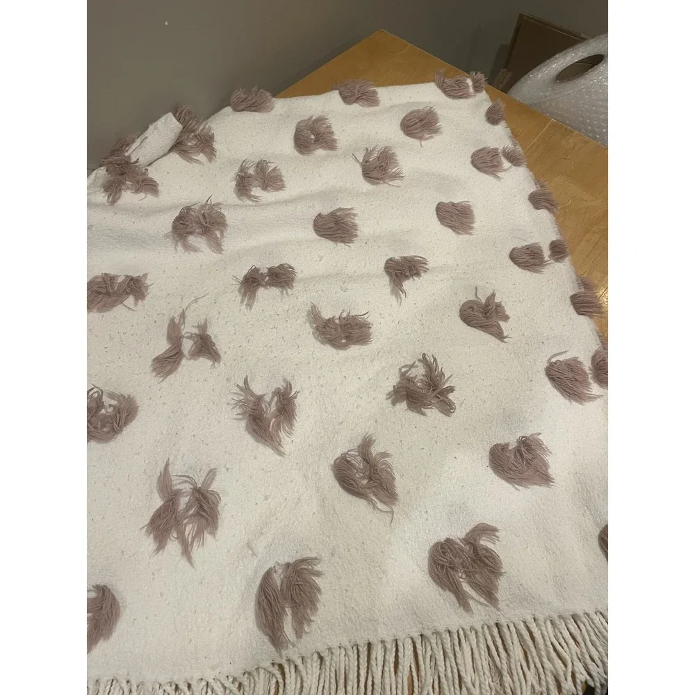 Pier 1 Imports Dusty Rose‎ Pink Floral Pom Pom Fringe Throw Blanket 50